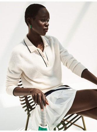 White + Warren Cashmere Rib Trim Polo - White/Black