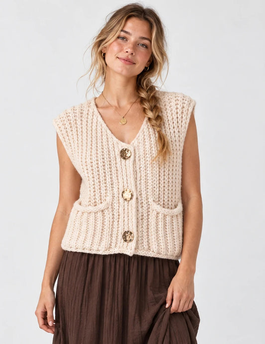 Ladies Solid Color Sleeveless Crew Neck Sweater Vest