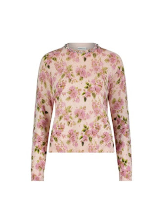 Minnie Rose Cotton Cashmere Floral Crew with Jewels