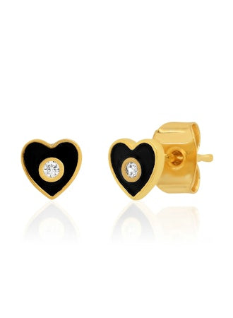 Tai Black Enamel Heart Studs with CZ Accent