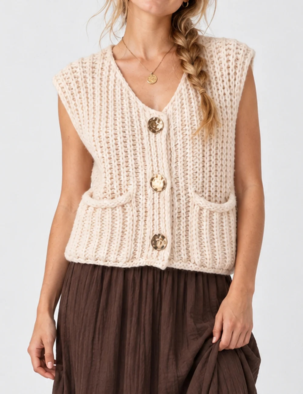 Ladies Solid Color Sleeveless Crew Neck Sweater Vest
