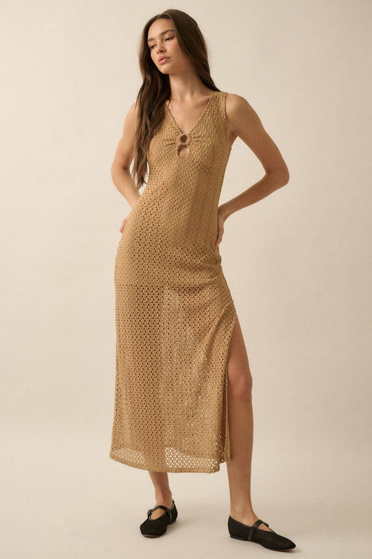 Crochet Knit O-Ring Keyhole Maxi Dress