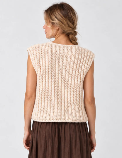 Ladies Solid Color Sleeveless Crew Neck Sweater Vest