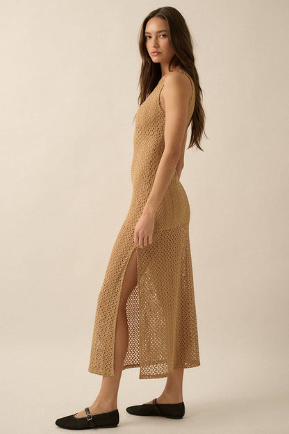 Crochet Knit O-Ring Keyhole Maxi Dress