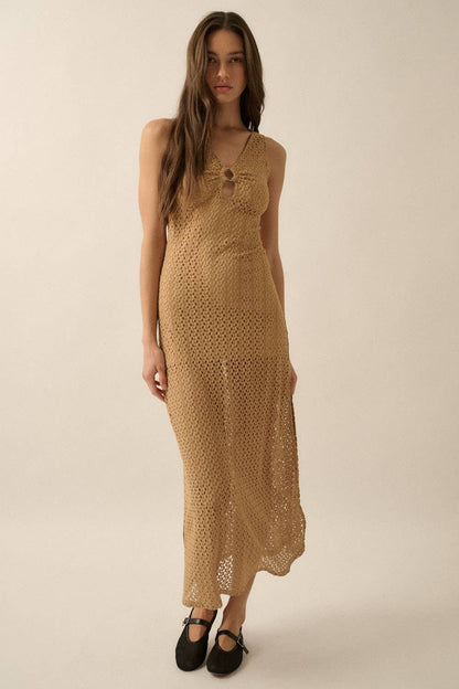 Crochet Knit O-Ring Keyhole Maxi Dress