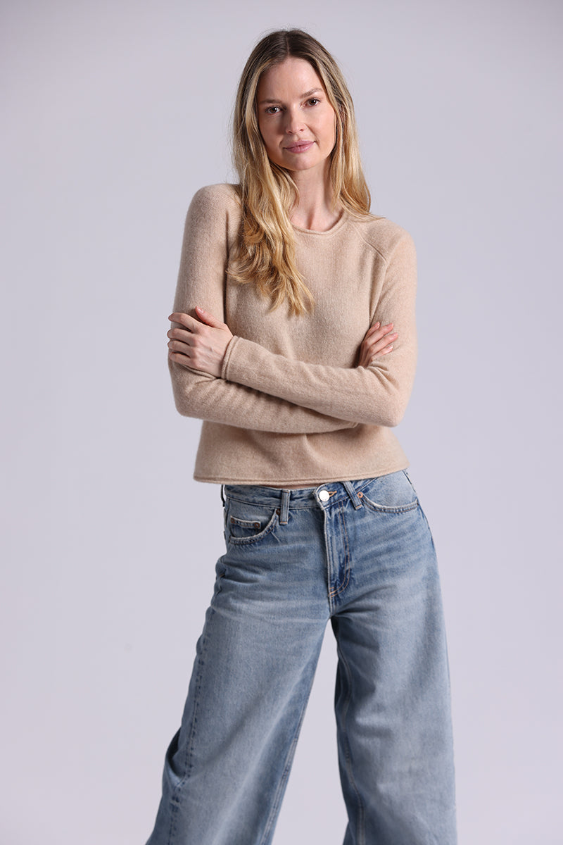 Minnie Rose Southern Cashmere Raglan Crew With Rolled Trims