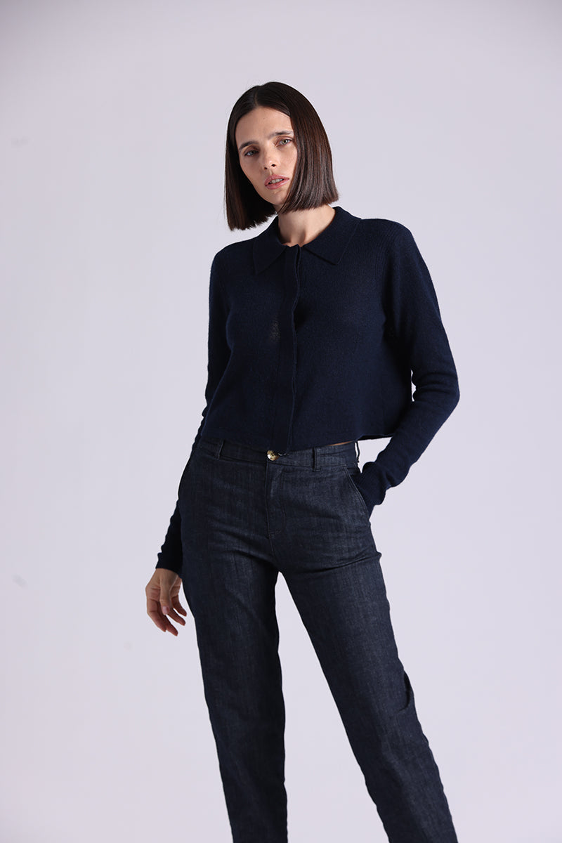 Minnie Rose  Southern Cashmere Collared Cardigan - Navy
