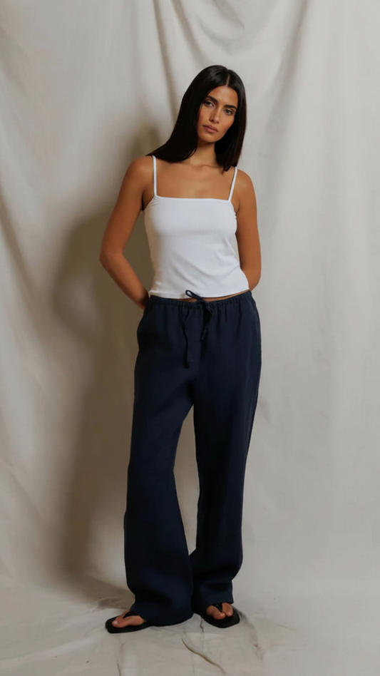 Perfect White Tee Linen Drawstring Pant - Navy