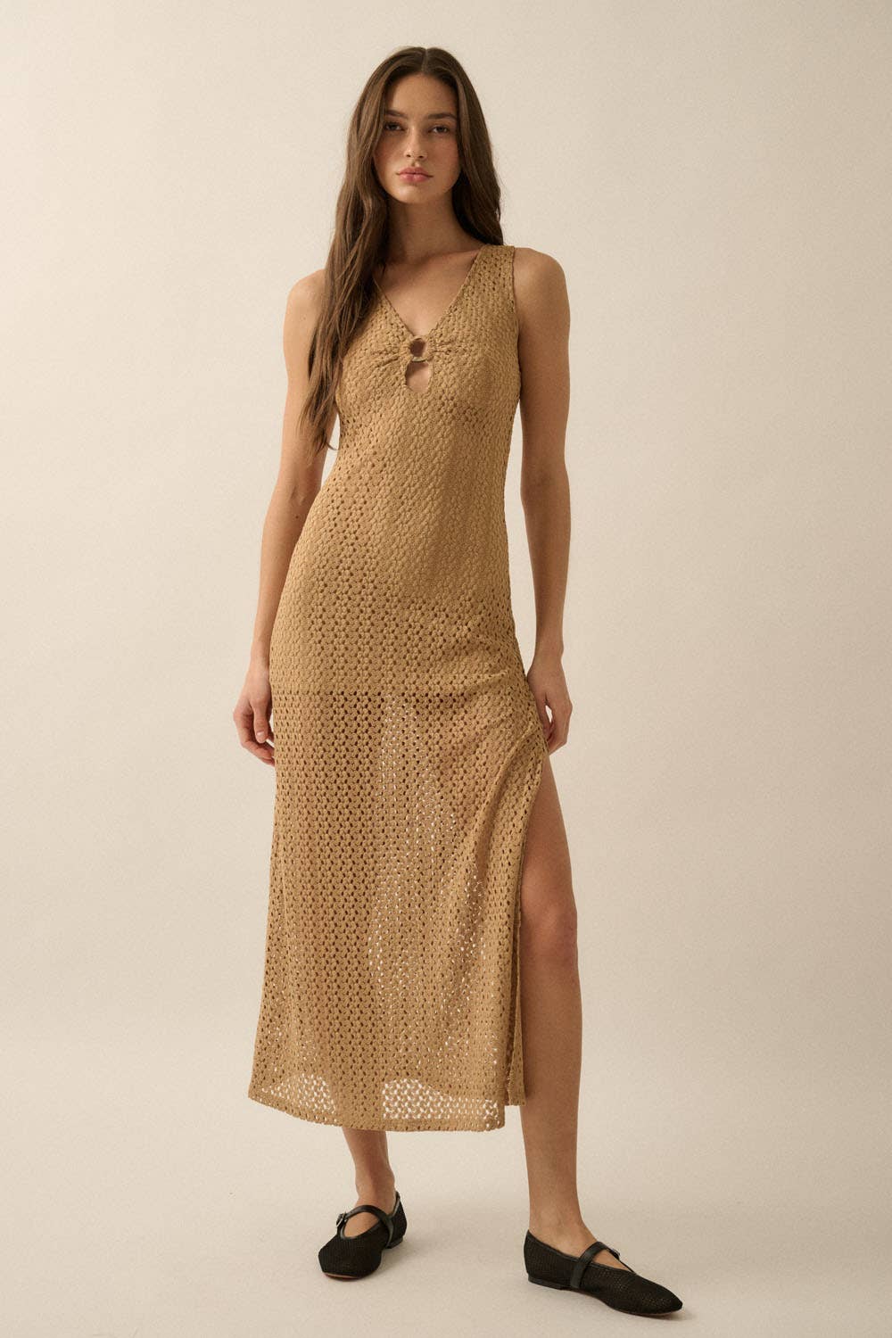 Crochet Knit O-Ring Keyhole Maxi Dress