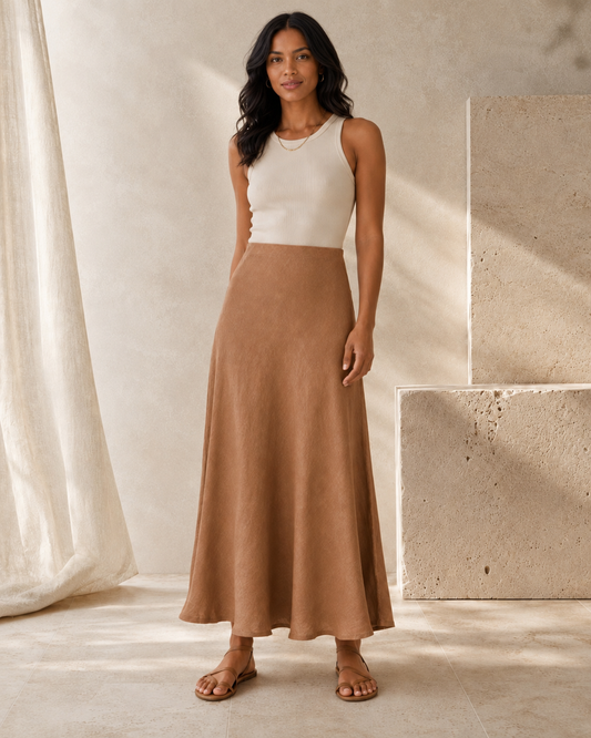 Milio Milano Crinkle Linen Midi Skirt - Camel