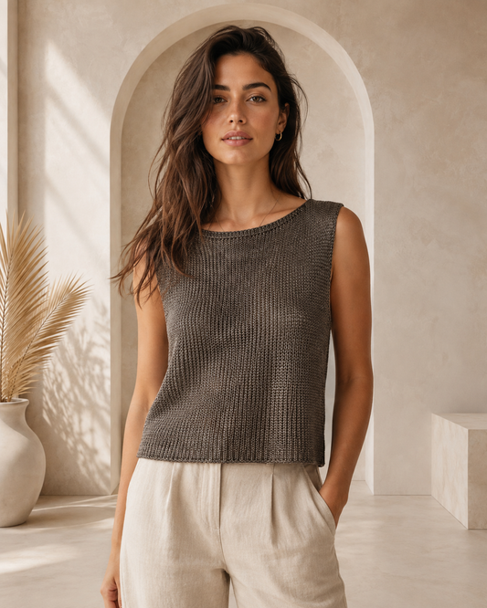 Milio Milano Crochet Knit Sleeveless Top - Chocolate